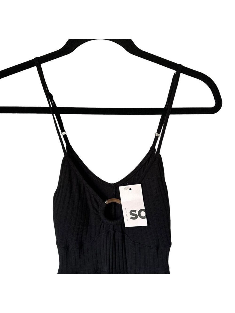 SO Kohl’s O-Ring Ribbed Black Luxe Spaghetti Strap Jumpsuit With Pockets NWT XS - Picture 4 of 8